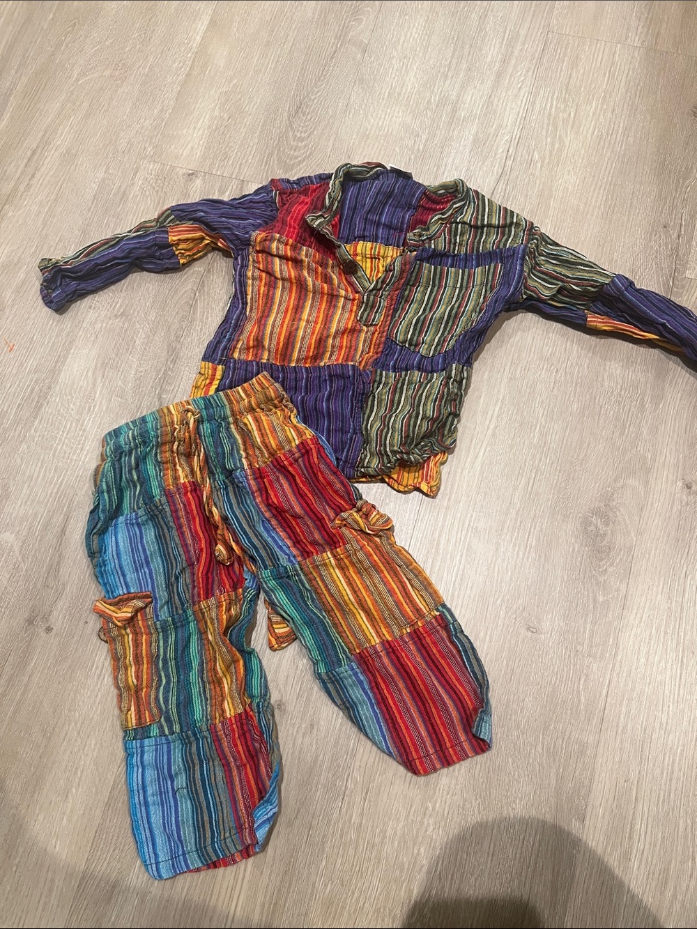 Hand Crafted Multicolor Striped Kids Matching Set - Vibrant Patchwork